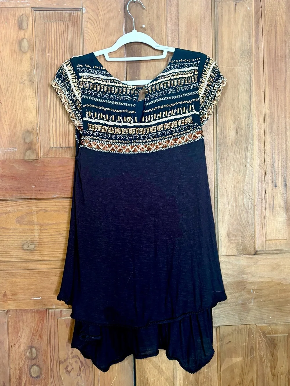 Free People – Embellished Boho Babydoll Tunic Mini Dress – Black Ivory – Sz. L